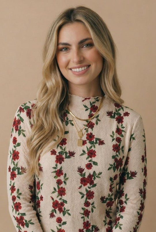 Floral Ribbed Mock Neck