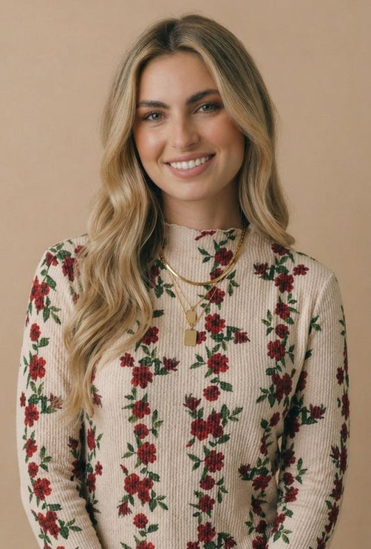 Floral Ribbed Mock Neck