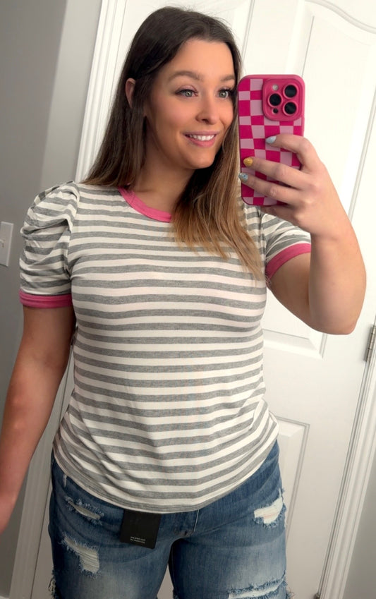 Grey And White Striped Top With Pink