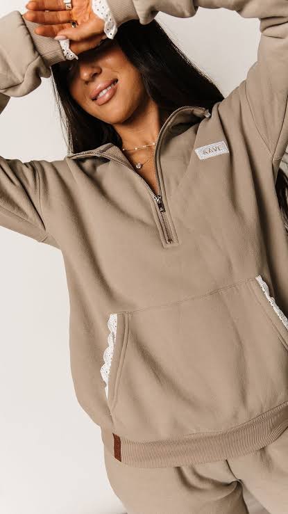 Ampersand Avenue Comfort Zone Half Zip Lace Mocha Sweatshirt