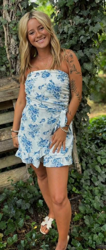 Blue Floral Strapless Romper