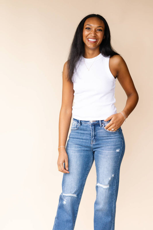 Dark High Rise Straight Leg Risen Jeans With Tummy Control