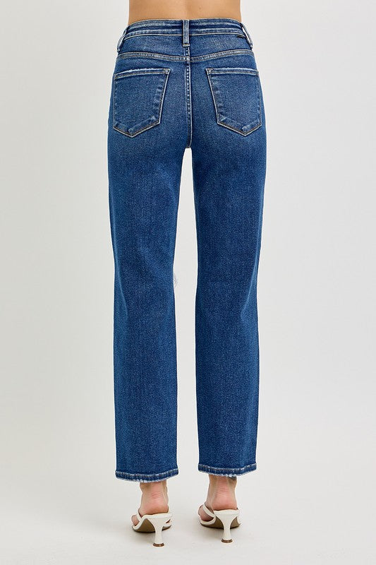 Dark High Rise Crop Risen Girlfriend Jeans With Tummy Control