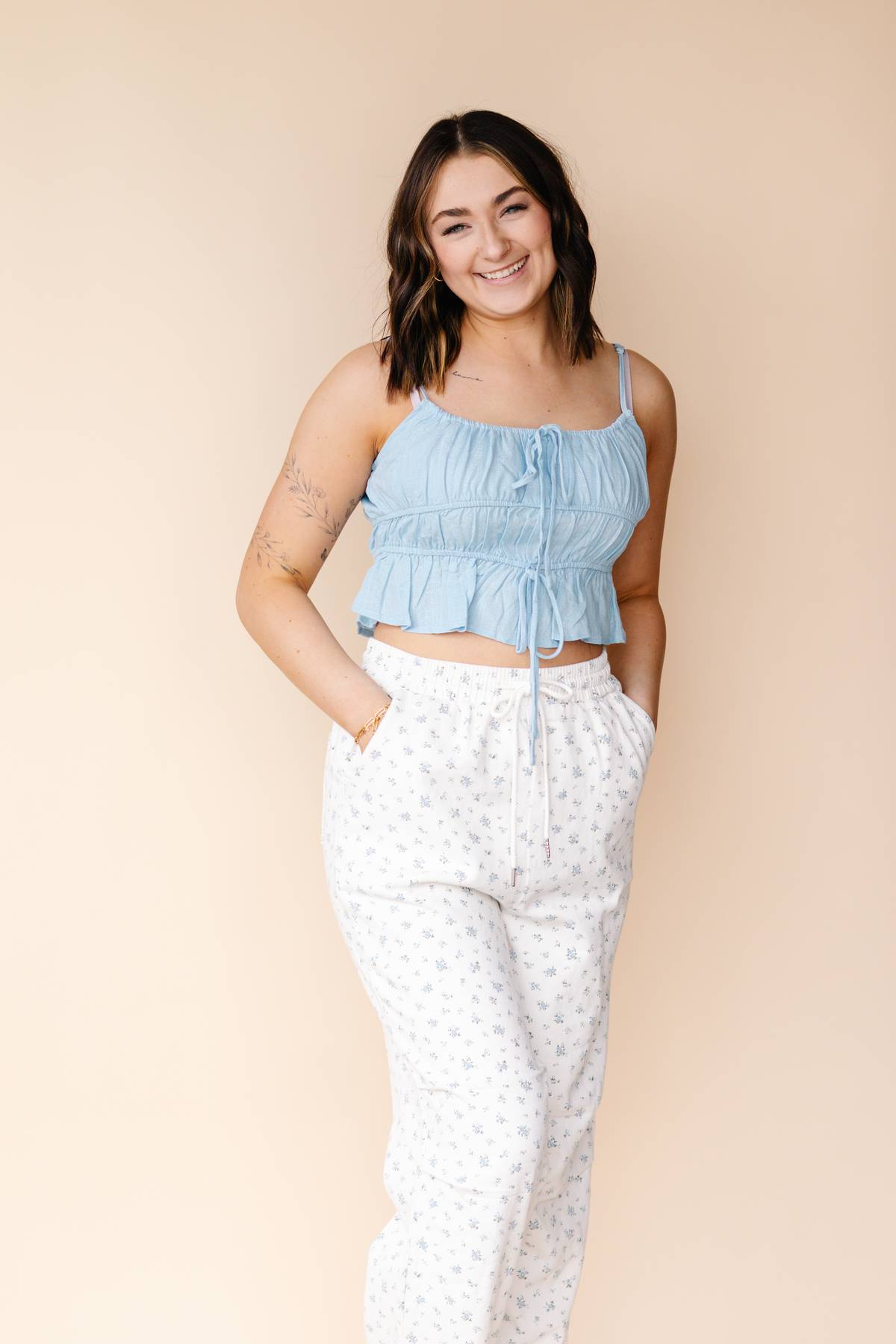 White Pants With Blue Flowers