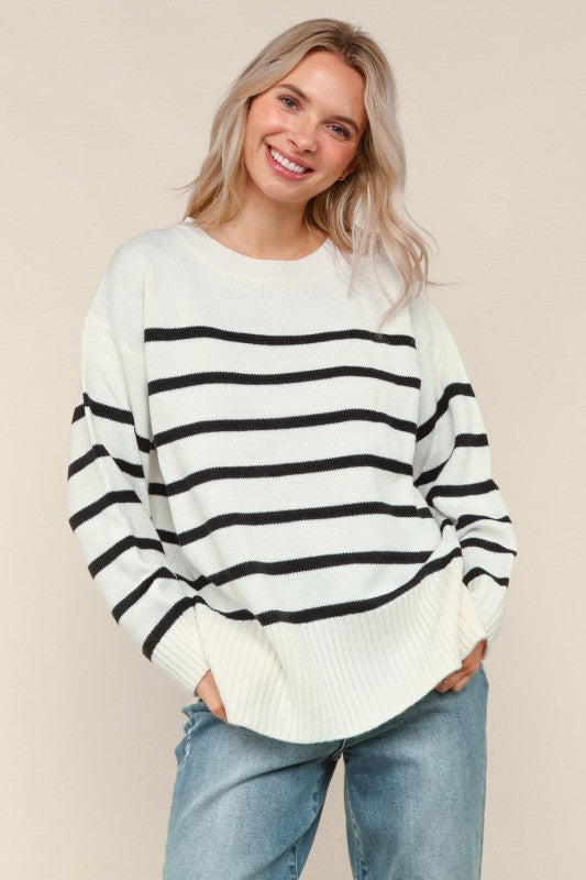 White And Black Striped Sweater Top