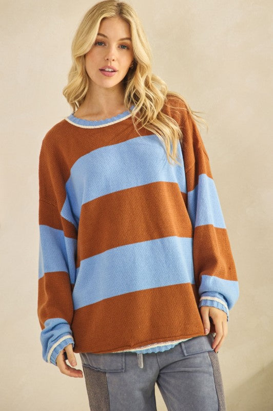 Blue And Camel Striped Sweater