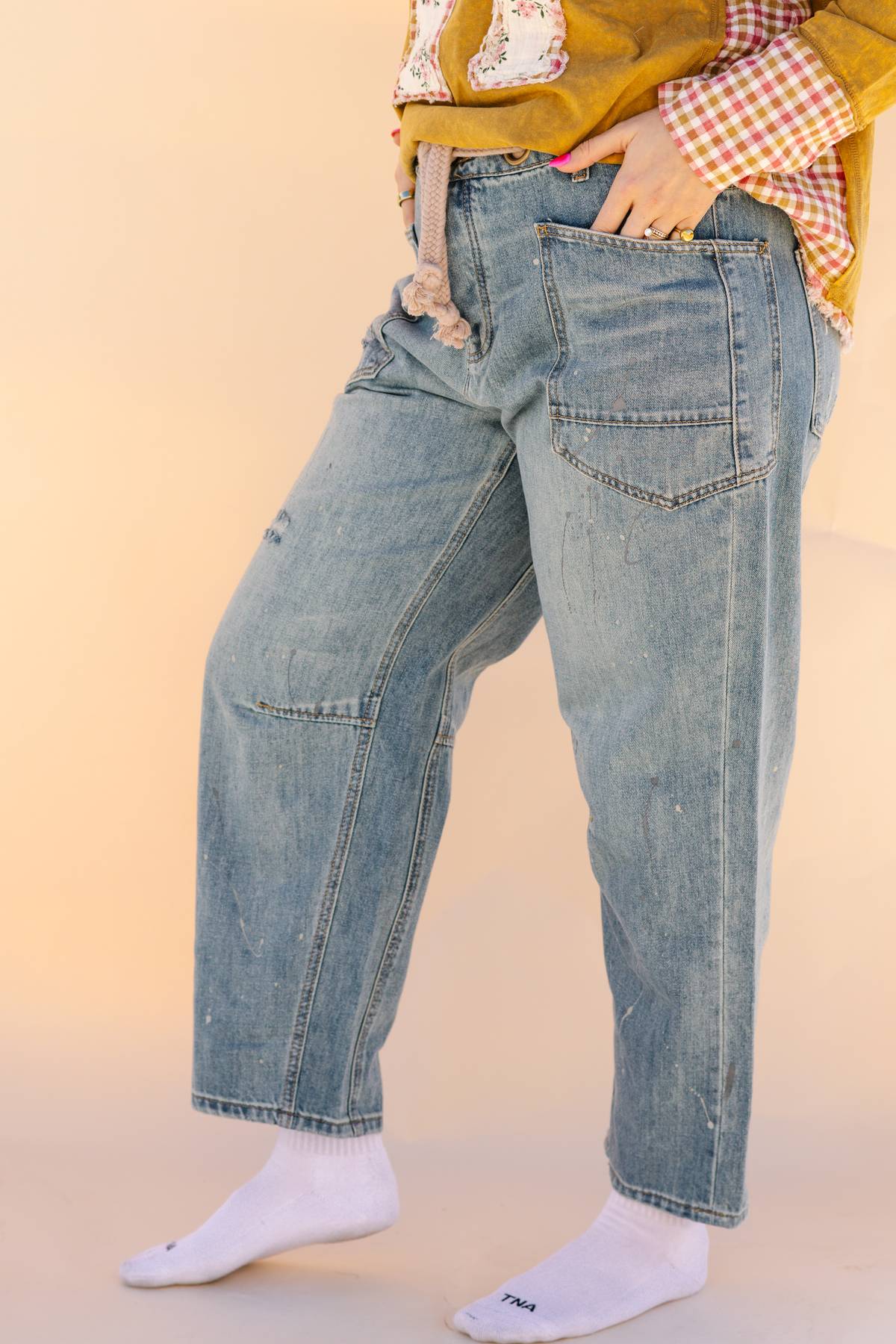 Braided Waist Belt Paint Drip Barrel Jeans