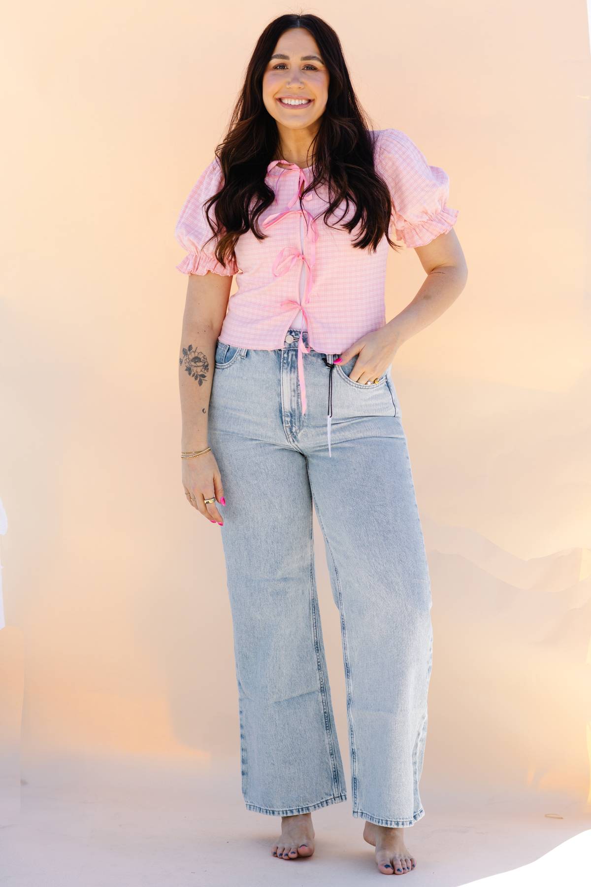 Pink Plaid Bow Blouse