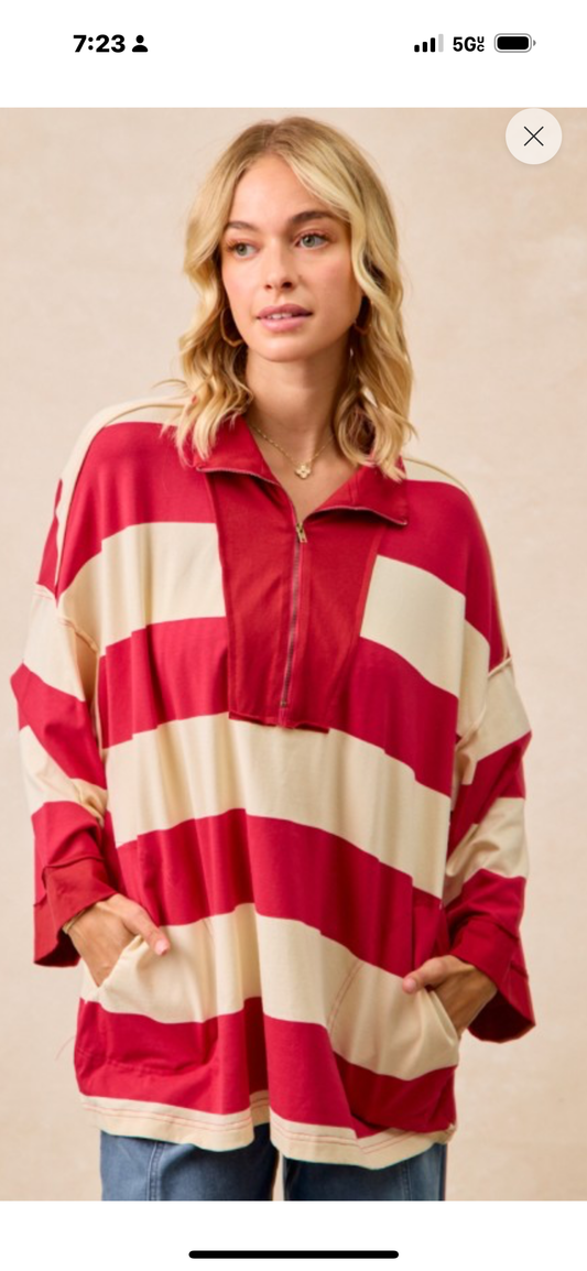 Red & Cream Striped Jersey Top