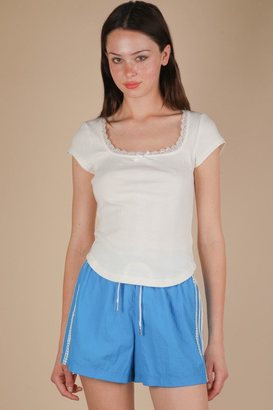 Lace & Bow Trim Ribbed Top