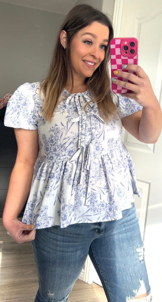 White And Blue Floral Blouse