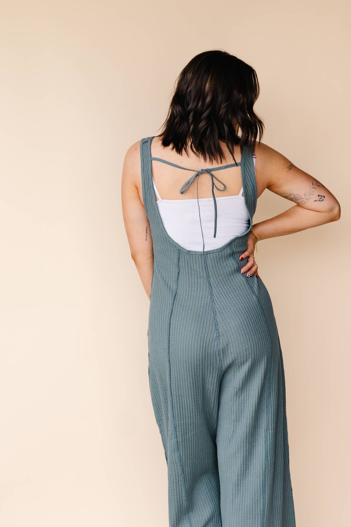 Jade Waffle Knitted Overalls