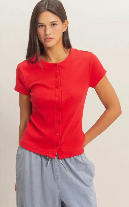 Red Ribbed Button Crew Neck Top