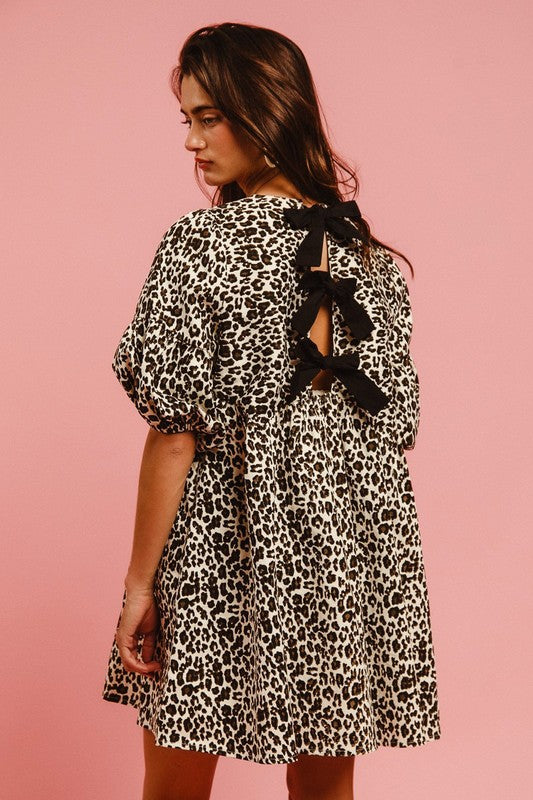 Denim Leopard Dress With Bow Tie Back