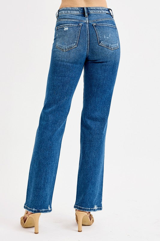 Dark High Rise Straight Leg Risen Jeans With Tummy Control