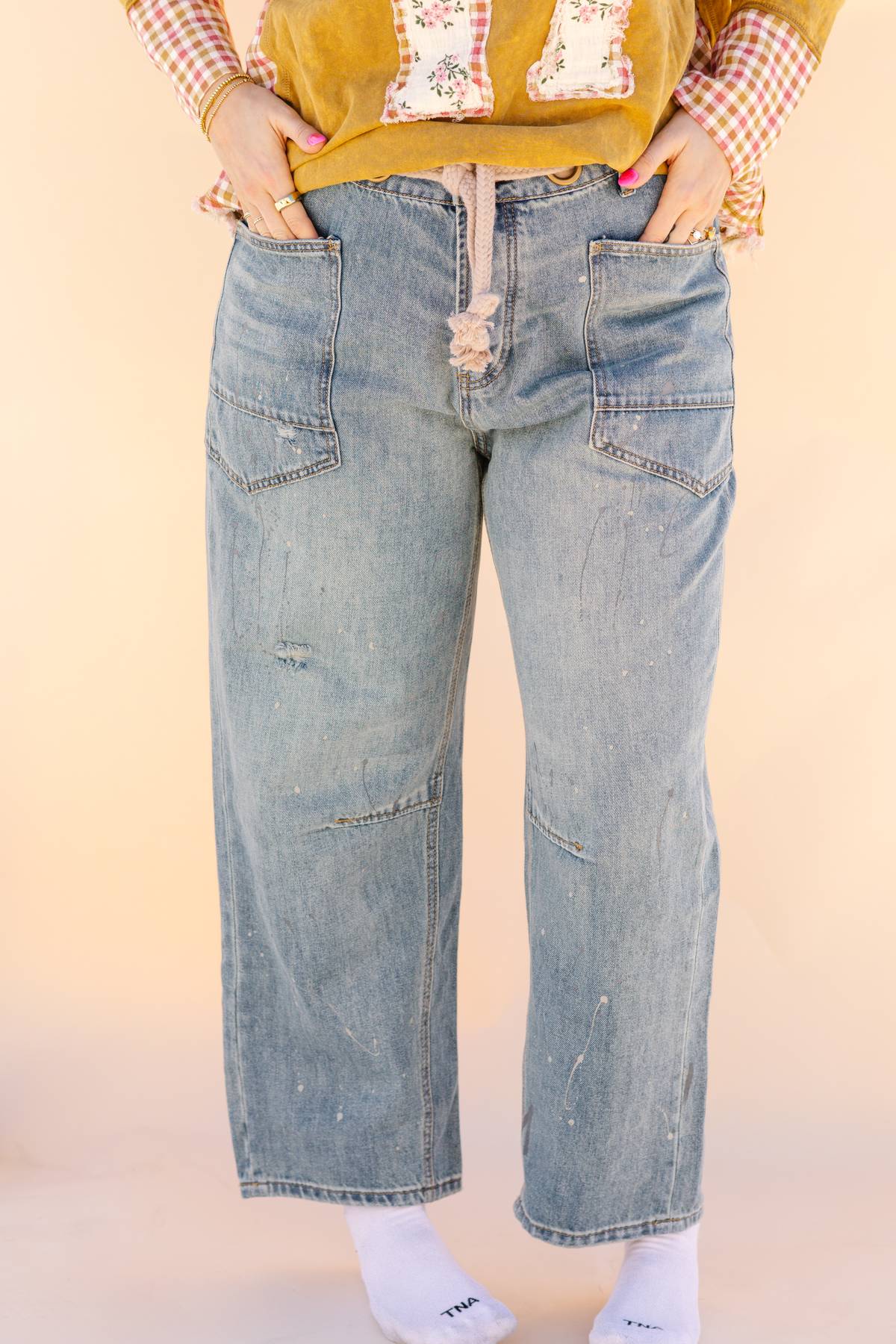 Braided Waist Belt Paint Drip Barrel Jeans
