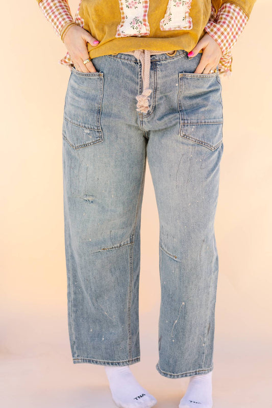 Braided Waist Belt Paint Drip Barrel Jeans