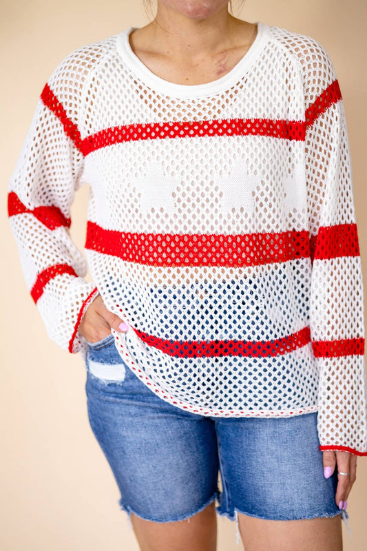 Red And White Striped Crochet Star Top