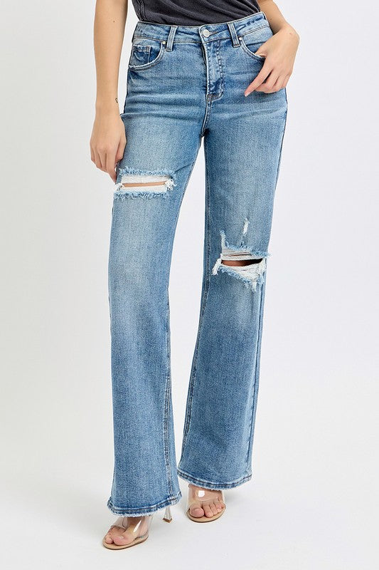 Medium Wash High Risen Wide Ripped Risen Jeans