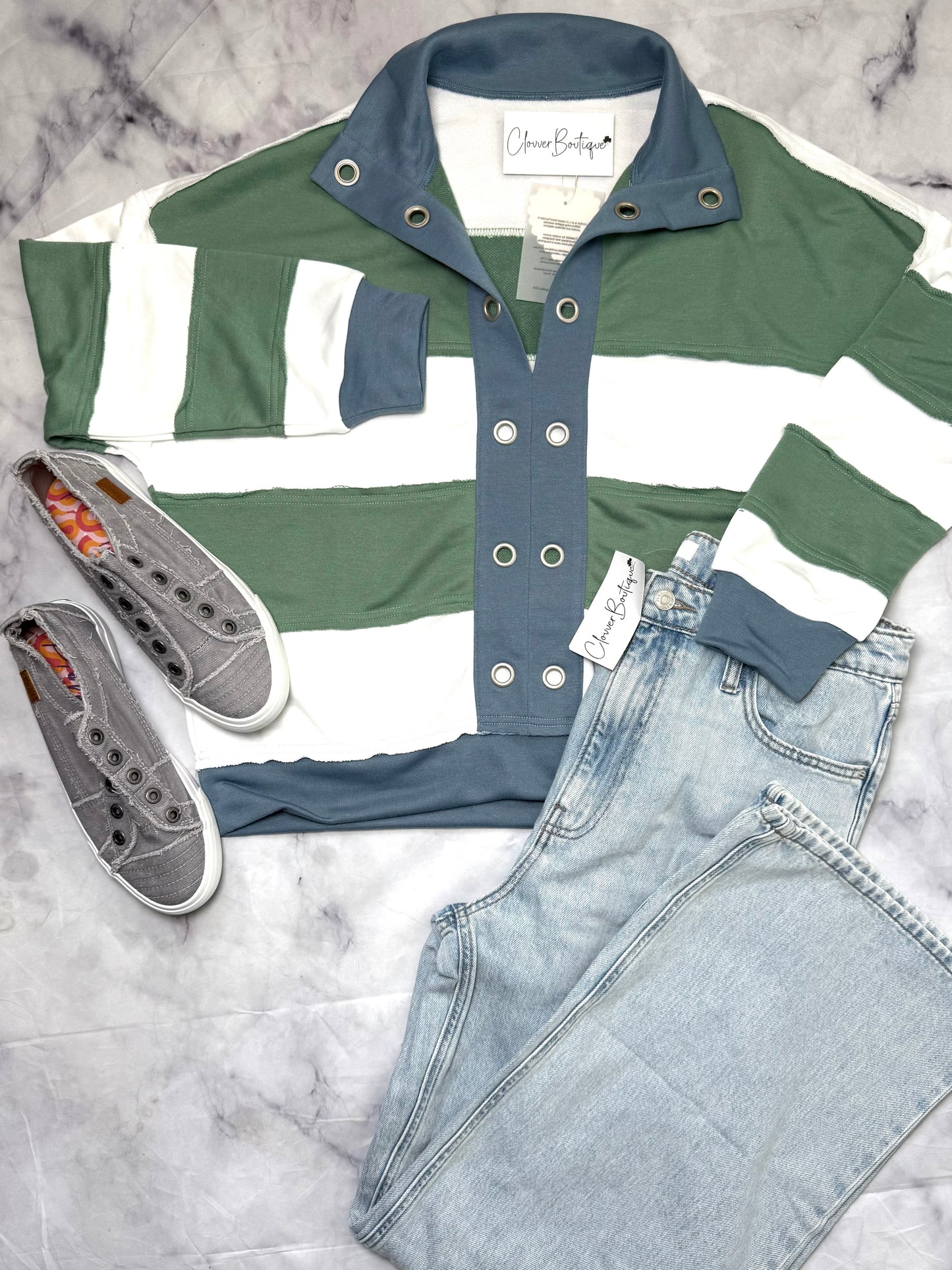 Eyelet Buckle Collared Stripe Top