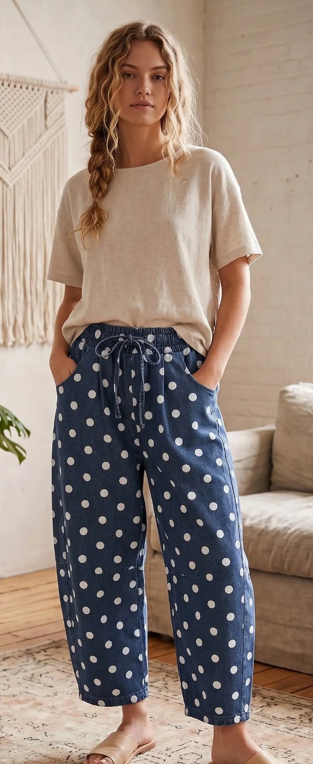 Polka Dot Denim Barrel Pants