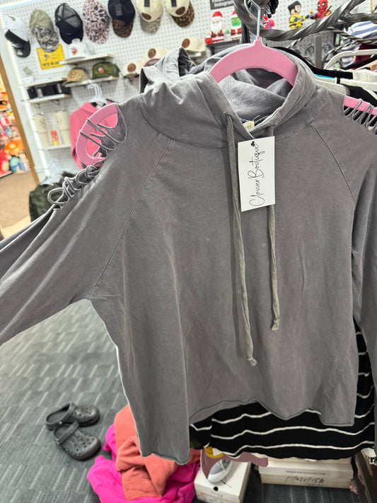 Stone Hooded Top with Peek A Boo Shoulders