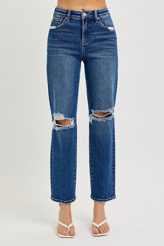 Dark High Rise Crop Risen Girlfriend Jeans With Tummy Control