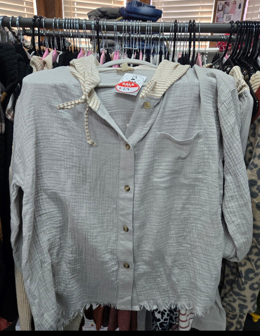 Grey Gauze Hooded Button Down