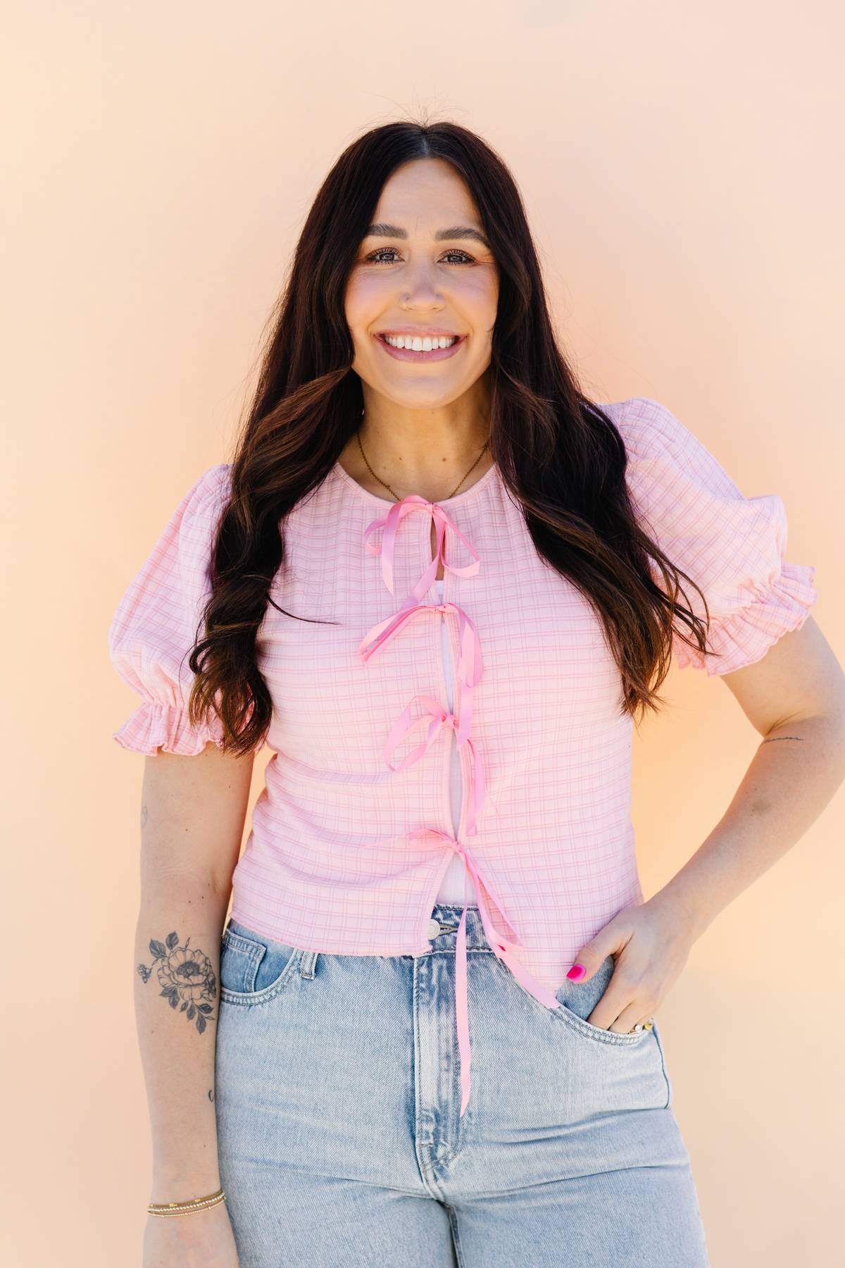 Pink Plaid Bow Blouse