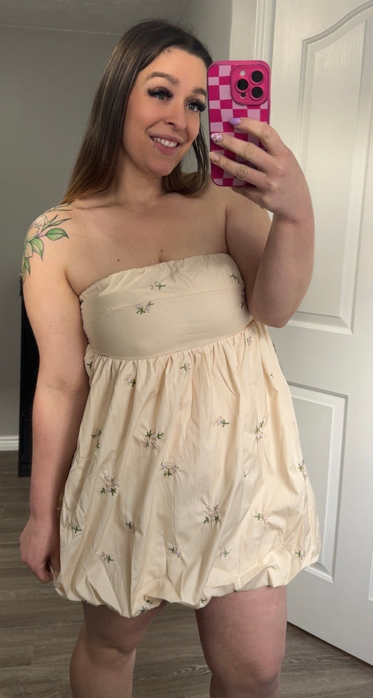 Cream Embroidered Strapless Dress
