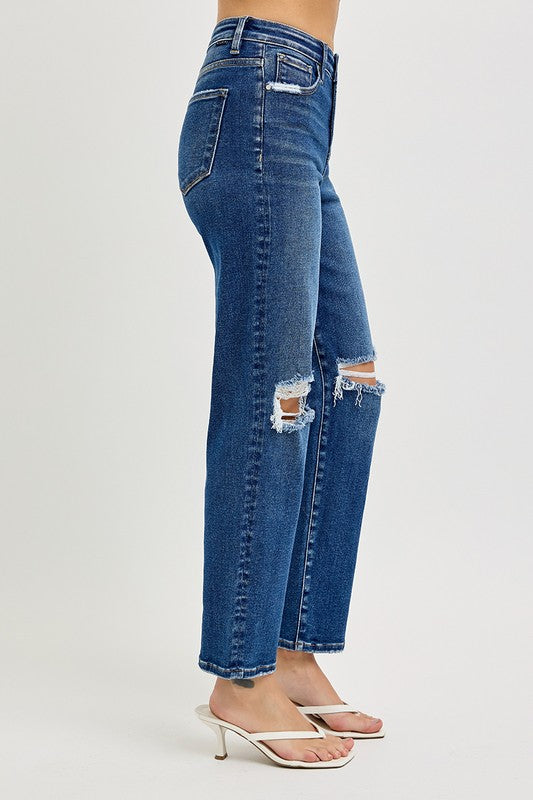 Dark High Rise Crop Risen Girlfriend Jeans With Tummy Control