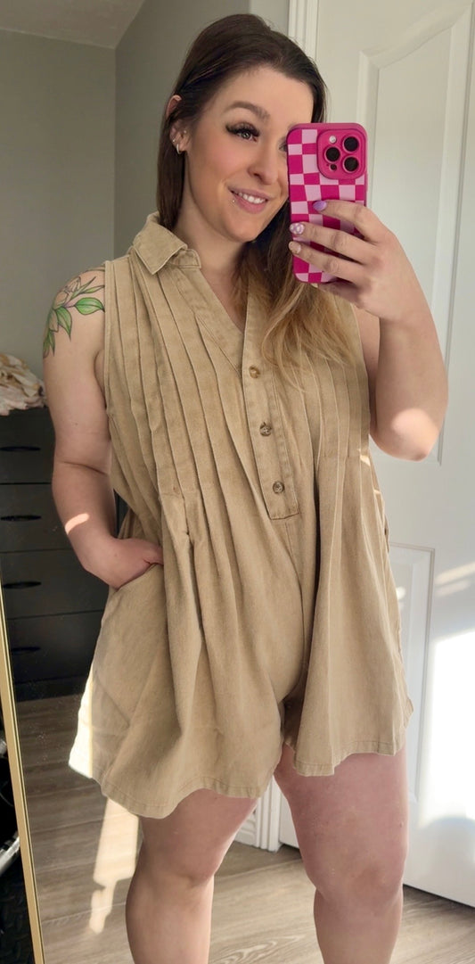 Tan Pleated Jean Romper