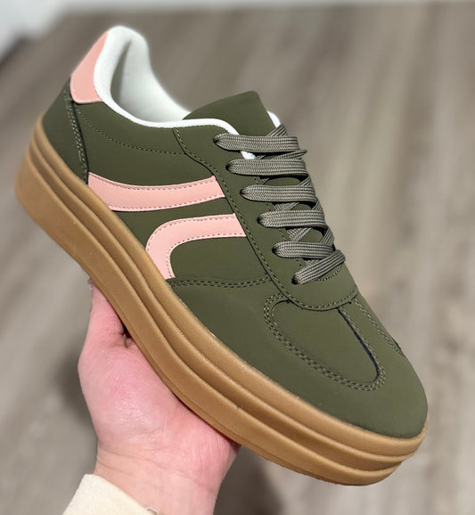 Olive And Coral Platform Sneakers
