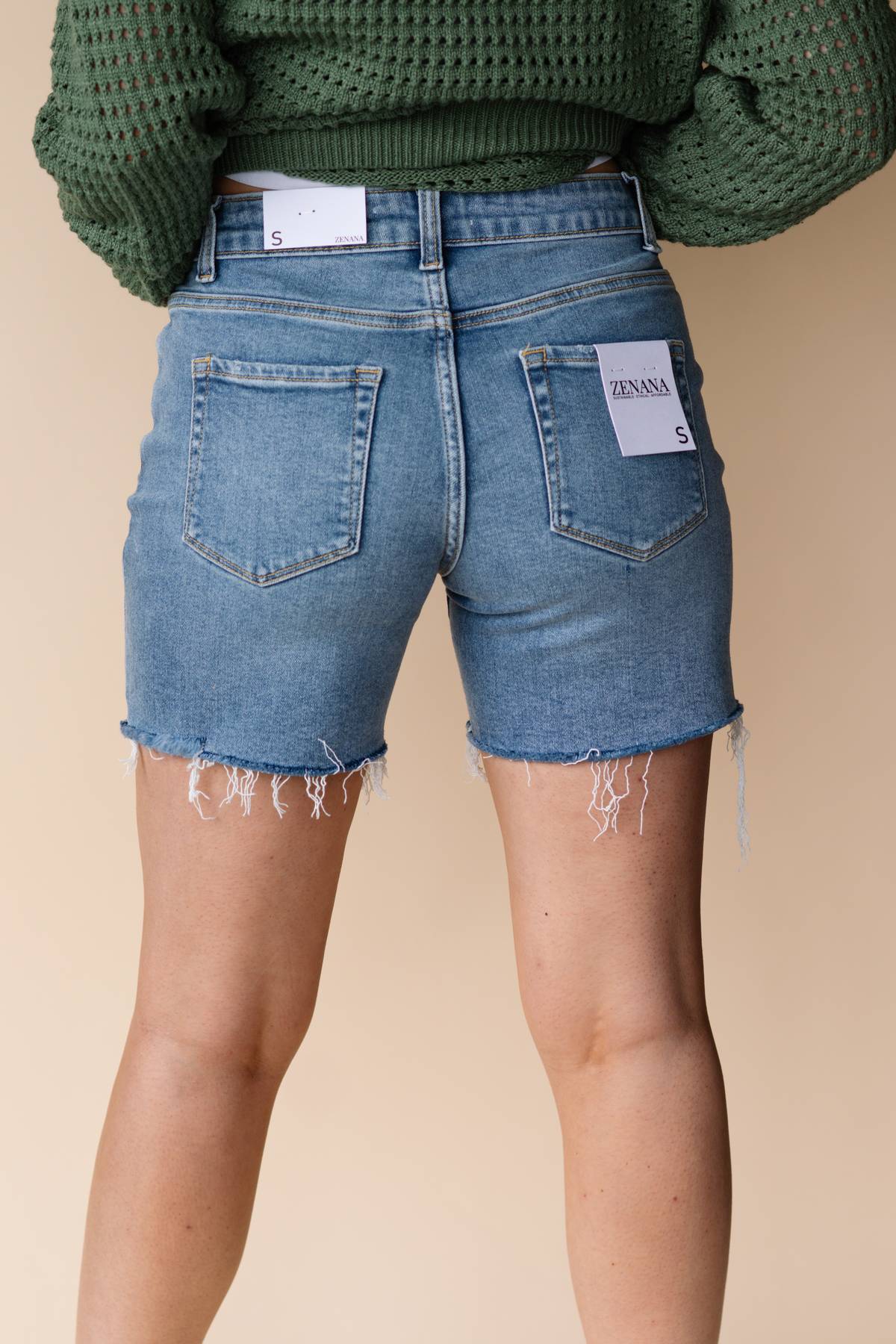 Mid Rise Raw Hem Denim Shorts