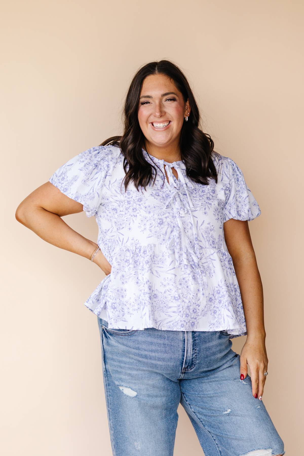 White And Blue Floral Blouse