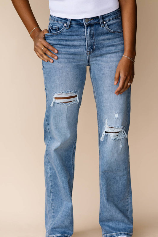 Medium Wash High Risen Wide Ripped Risen Jeans