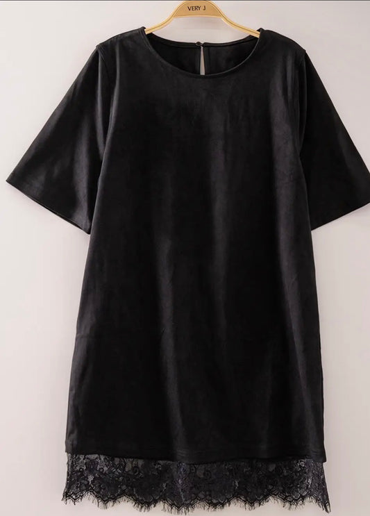 Faux Suede Lace Hem Mini Dress