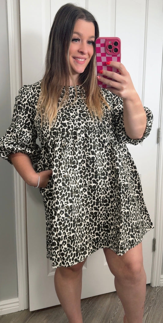 Denim Leopard Dress With Bow Tie Back
