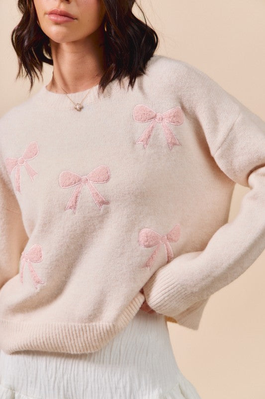 Blush Embroidered Bow Sweater