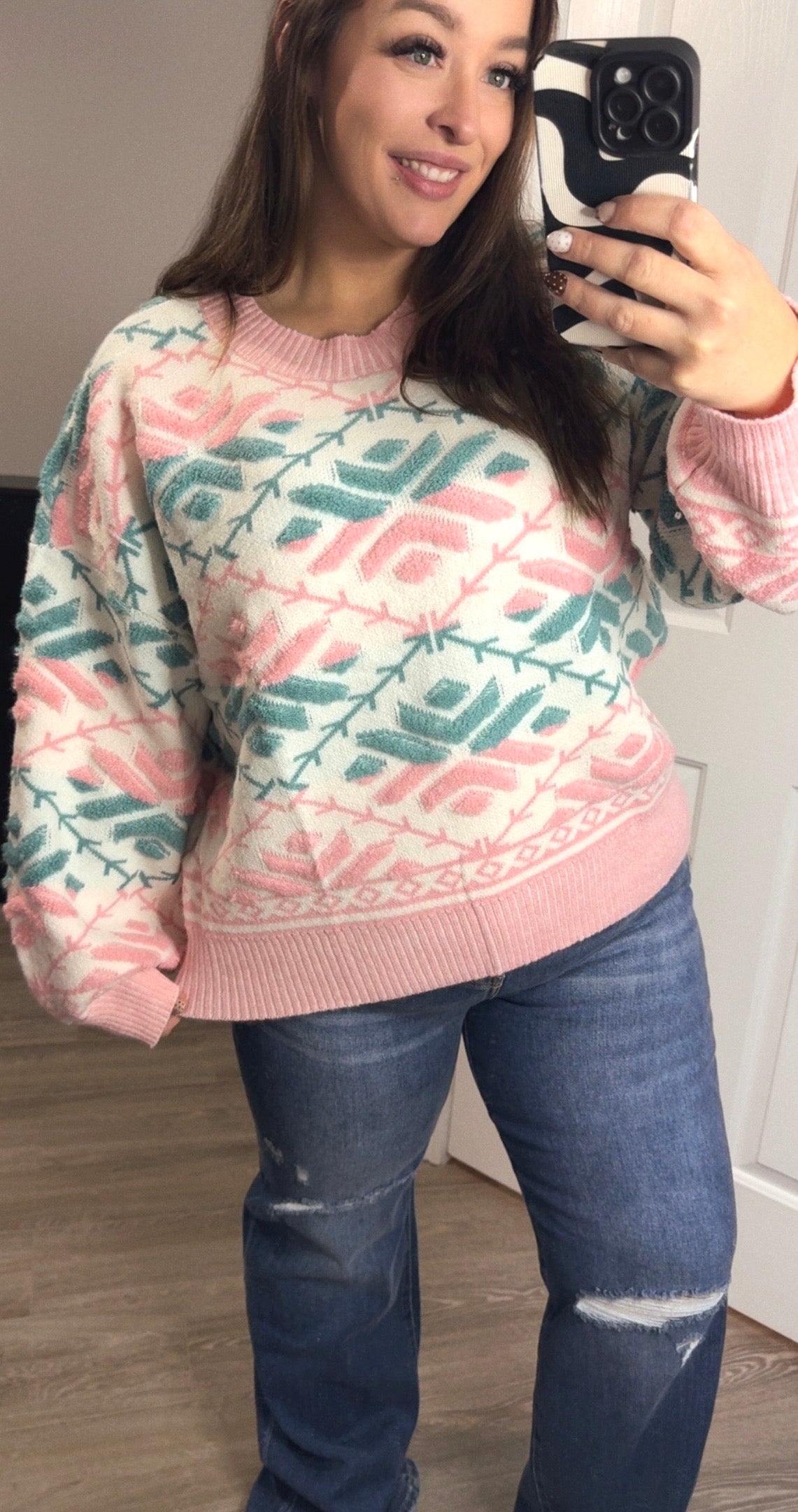 Pink & Teal Printed Sweater