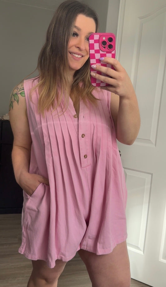 Pink Pleated Jean Romper