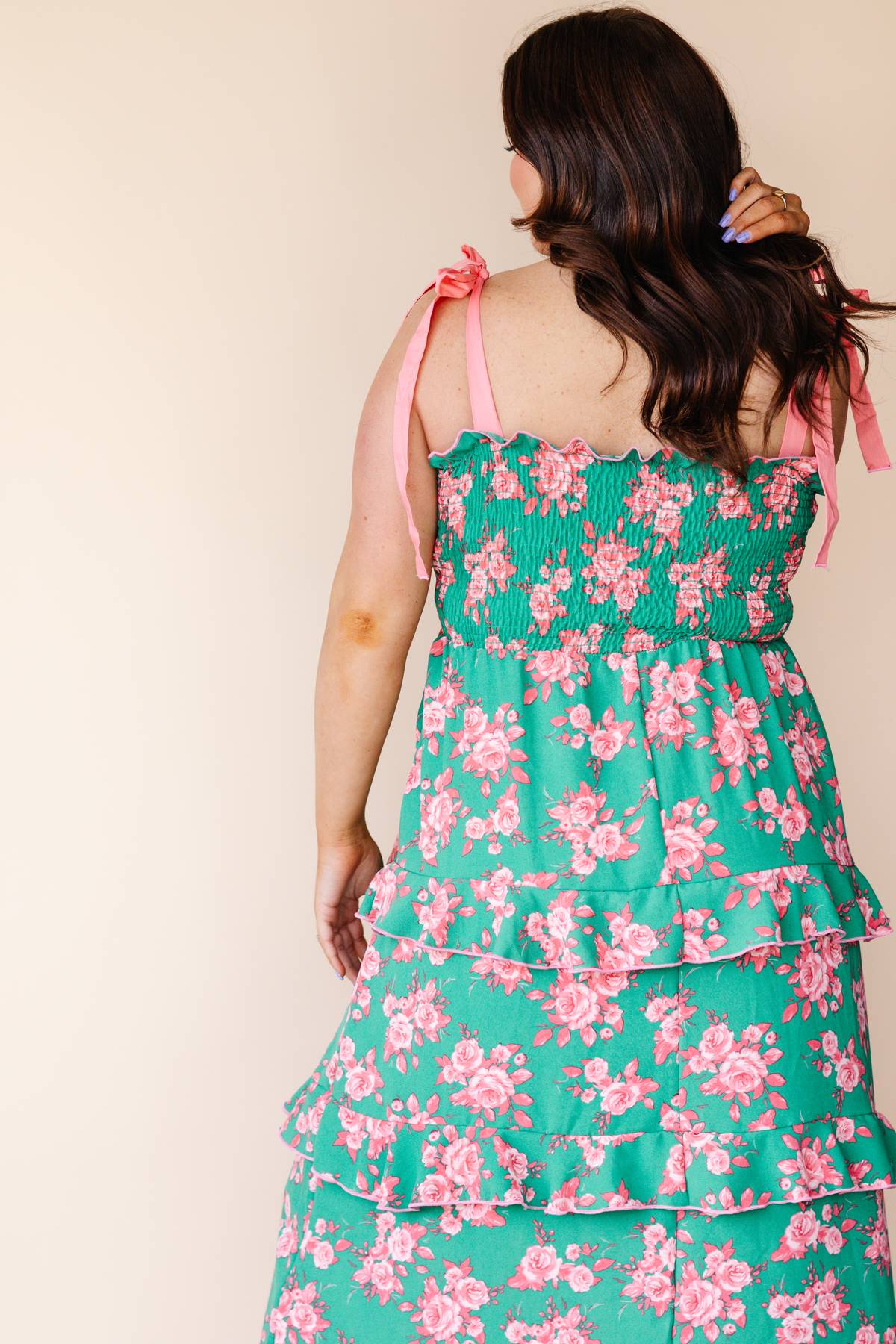 Green And Coral Tiered Maxi Dress