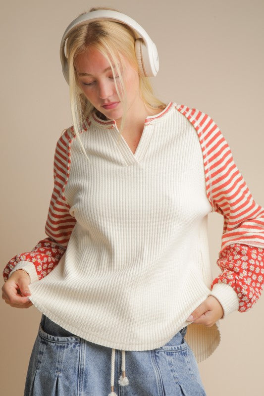 Oversized Floral Stripe Knit Top