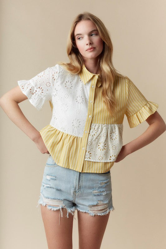 Yellow And White Collared Top