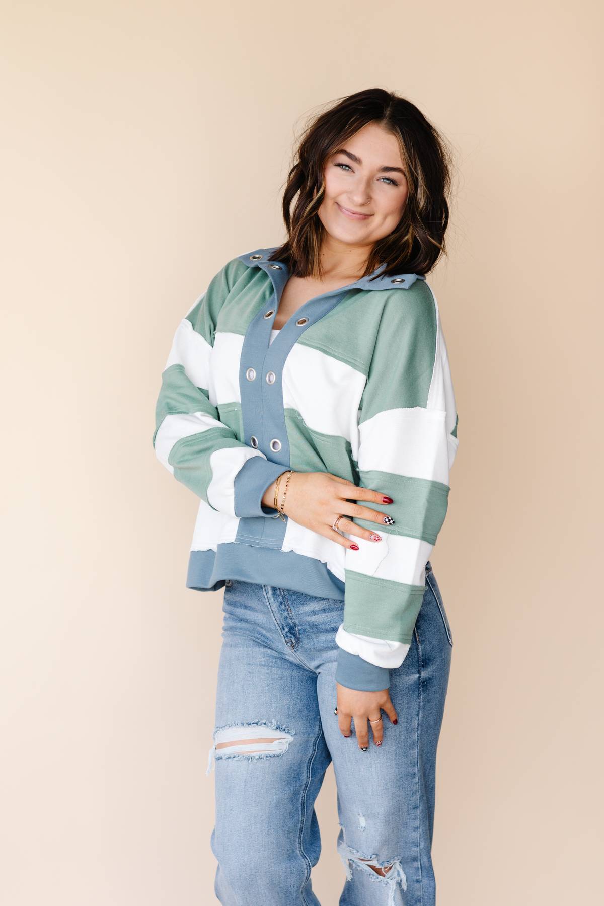 Eyelet Buckle Collared Stripe Top