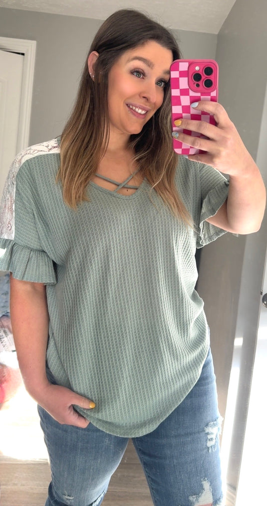 Sage Waffle Knit Lace Top