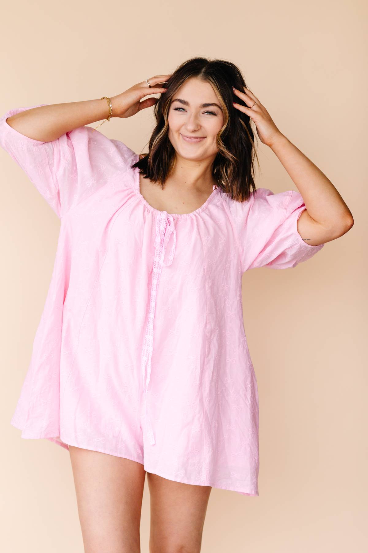 Bow Embroidered Pink Romper