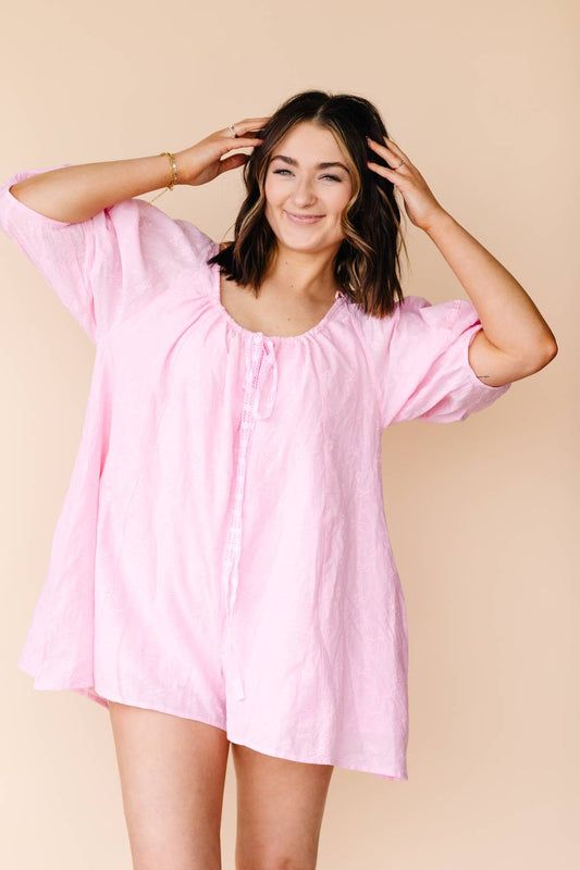 Bow Embroidered Pink Romper