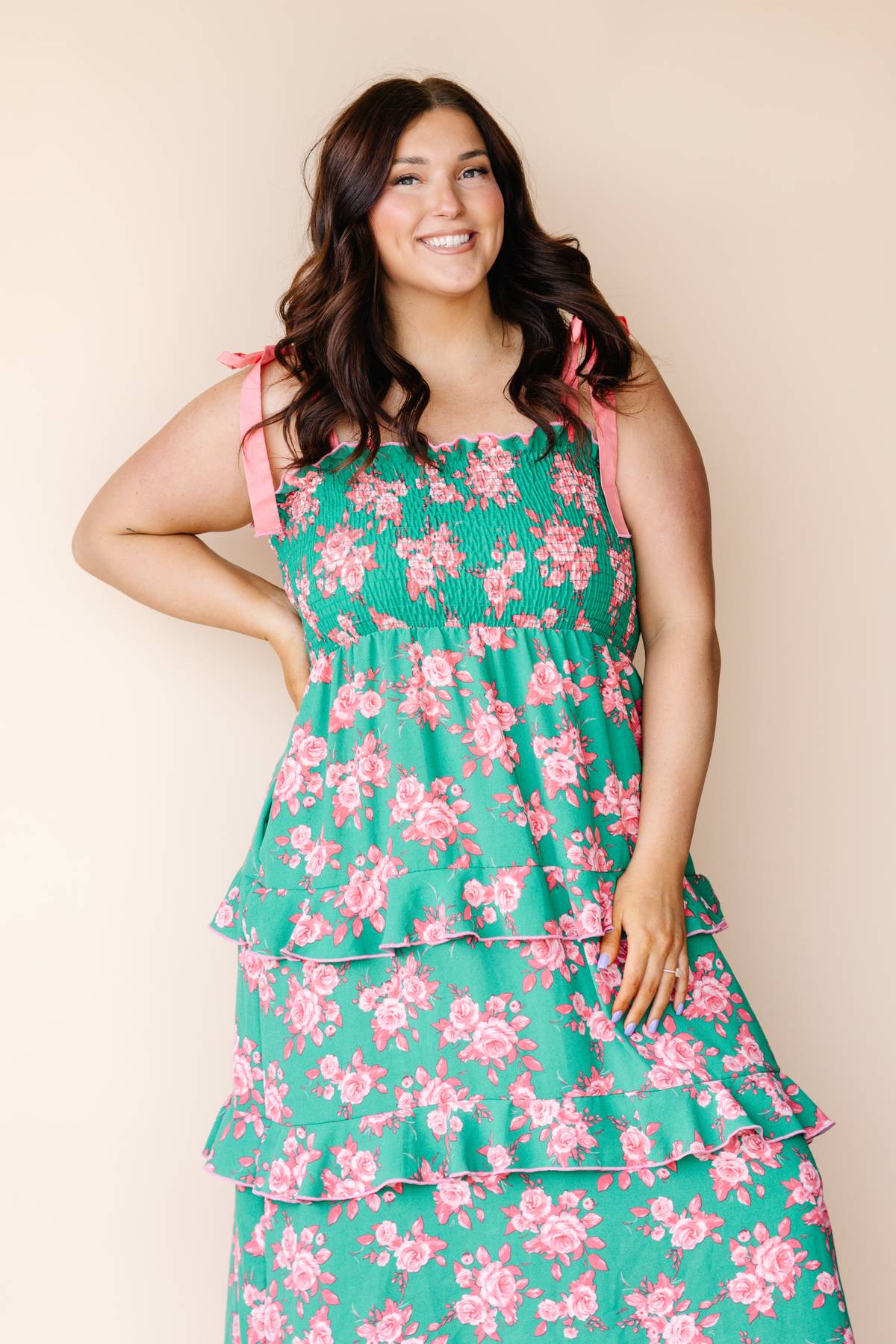 Green And Coral Tiered Maxi Dress
