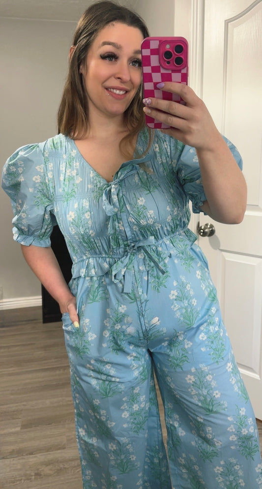 Blue Floral Printed Jumpsuit